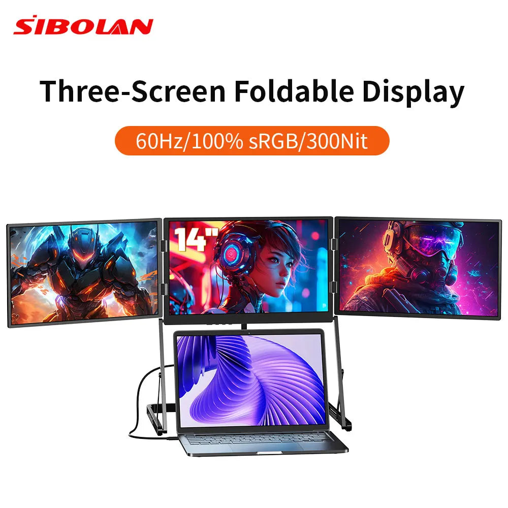 Sibolan 14" Three Screen Foldable External Display 60Hz 1200P 100%sRGB Portable Monitor For Laptop, Windows & MacOS