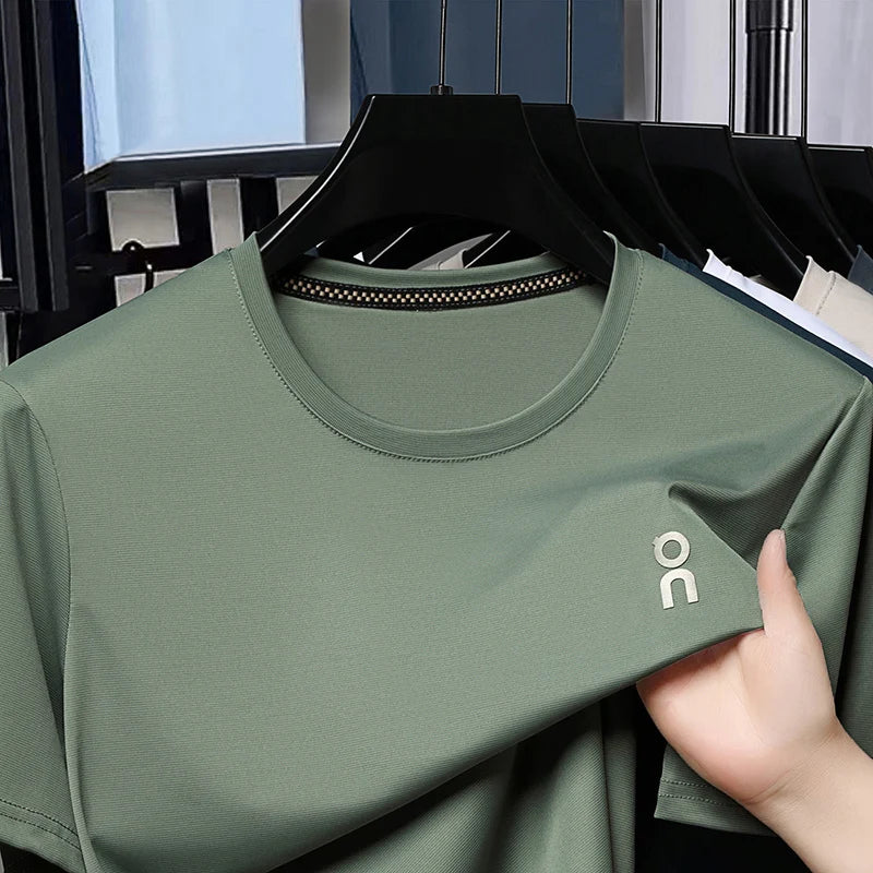 Summer Ice Silk T-shirt Men's Round Neck Short Sleeve 2026 New Business and Leisure Elastic Cool Top