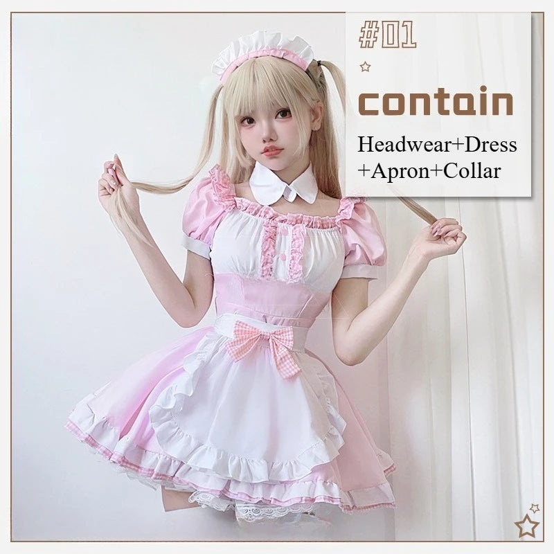 Japanese Sweet Cute Lolita Dress Maid Cosplay Costume Pink Bow Maid Dress Girl Fashion Stage Perfermance Fancy Costume Catwomen