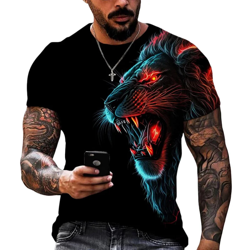 Fashion Lion Leopard Graphic T-Shirt For Men Cool Animals 3D Printed Tees Summer Round Neck Tops Oversized Short Sleeve T Shirts