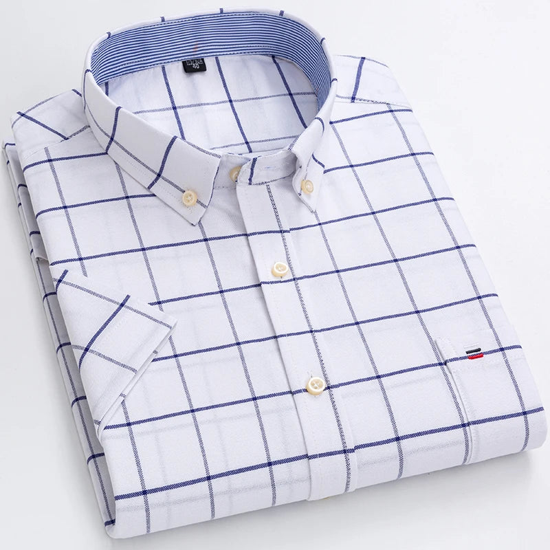 2026 100% Pure Cotton Men's Oxford Short Sleeve Square Collar Soild Plaid Striped Summer Casual Shirts Single Pocket  Shirt