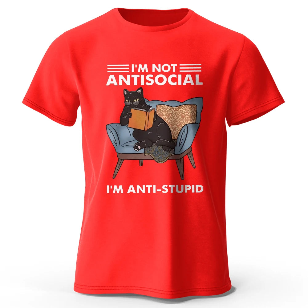 Men's I Am Not Anti Social Printed T-Shirt 100% Cotton Oversized Funny Cat Graphic Tees for Men Women Summer Tops