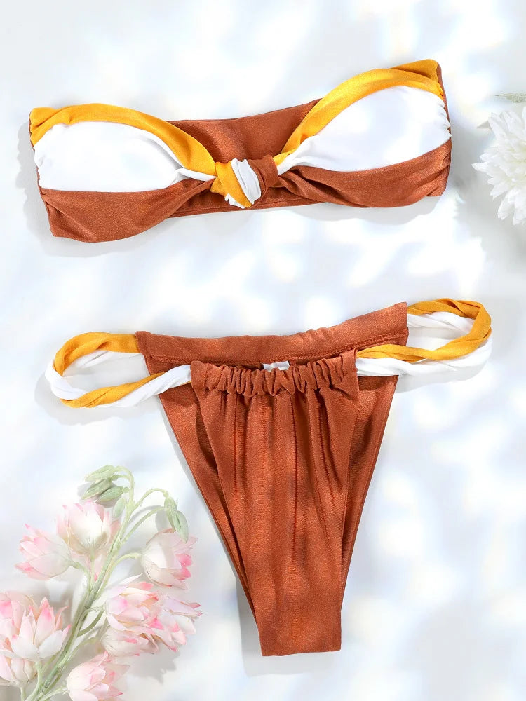 Rinabe Women's Swimsuit Solid Biquinis Off Shoulder Bikinis Women Low Waist Swimwear Pleated Bathing Suit Female Bikini Sets