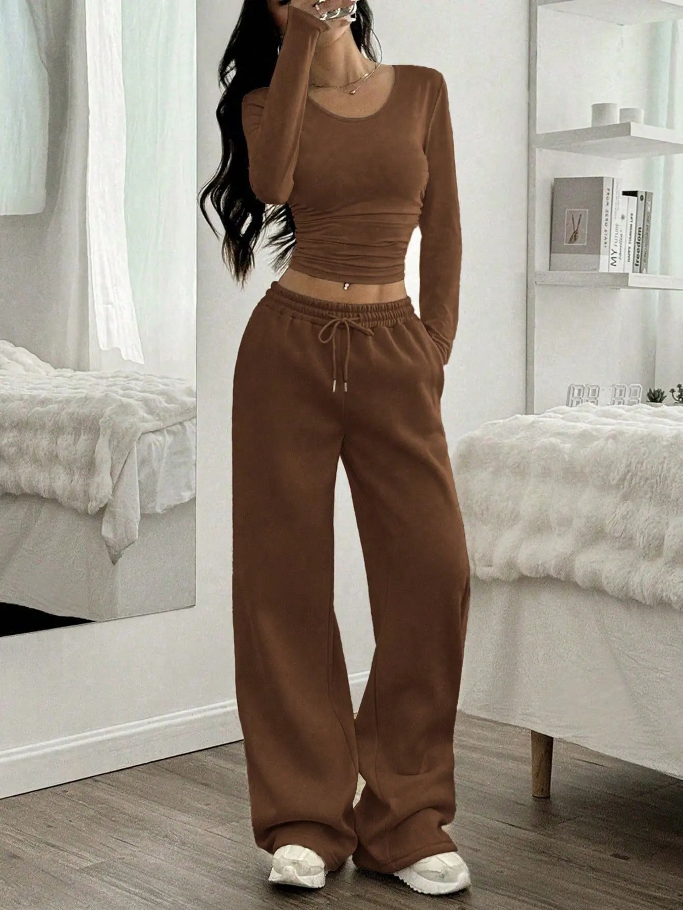Women's Fashion Casual Wide Leg Pants Long Sleeve Crew Neck Solid Color Slim Two-piece Autumn and Winter Suit