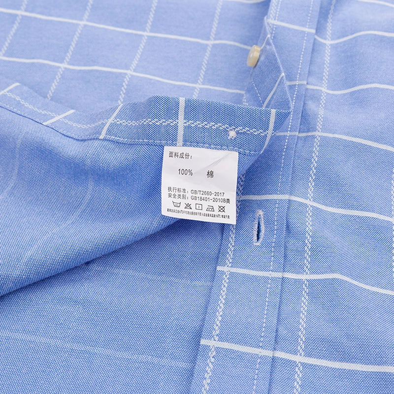 2026 100% Pure Cotton Men's Oxford Short Sleeve Square Collar Soild Plaid Striped Summer Casual Shirts Single Pocket  Shirt
