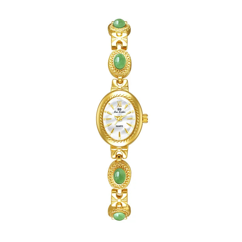 Women's Watch Natural Jade Bracelet Vintage Small Oval Dial Gold Retro Watches Luxury Brand Women Quartz Wristwatches Clock Gift