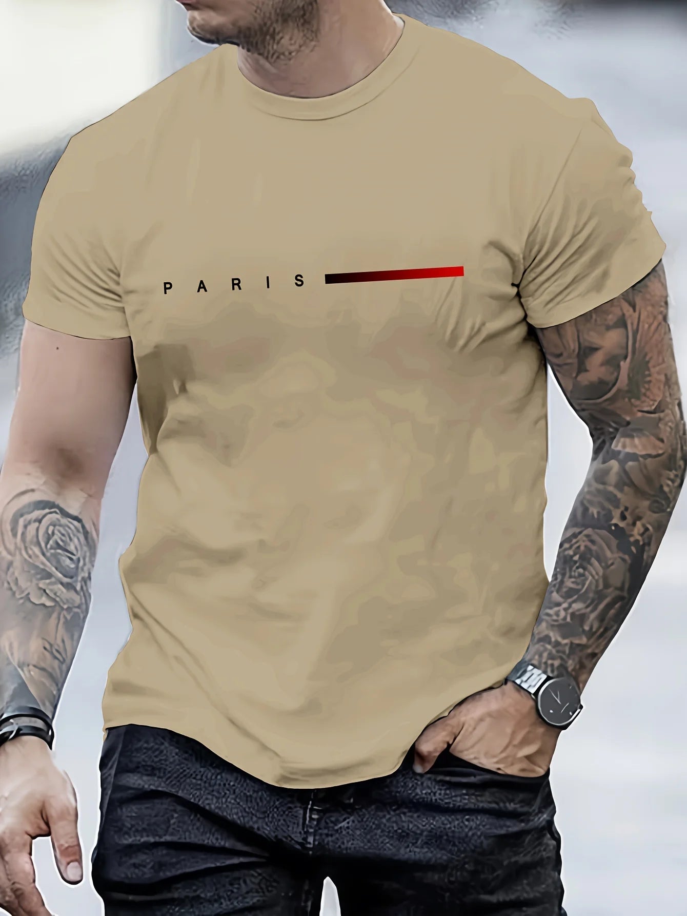 Men's PARIS Letter Print T-Shirt | 100% Cotton Slim Fit Casual Tee