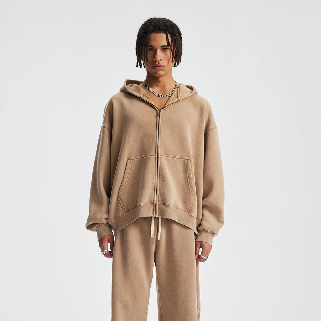 New Autumn and Winter Cashmere Zip Up Jacket Streetwear Casual Oversized Acid Washed Wax Printed Hooded Fleece Zipper Hoodie