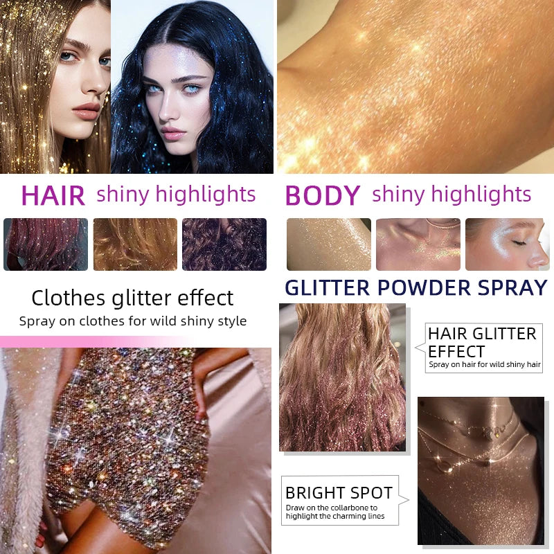 Glitter Hair Shimmer Spray,Multi-Purpose Body & Face Fine Mist Body Glow Body Highlighter Flakes Face,Body Hair Spray Makeup