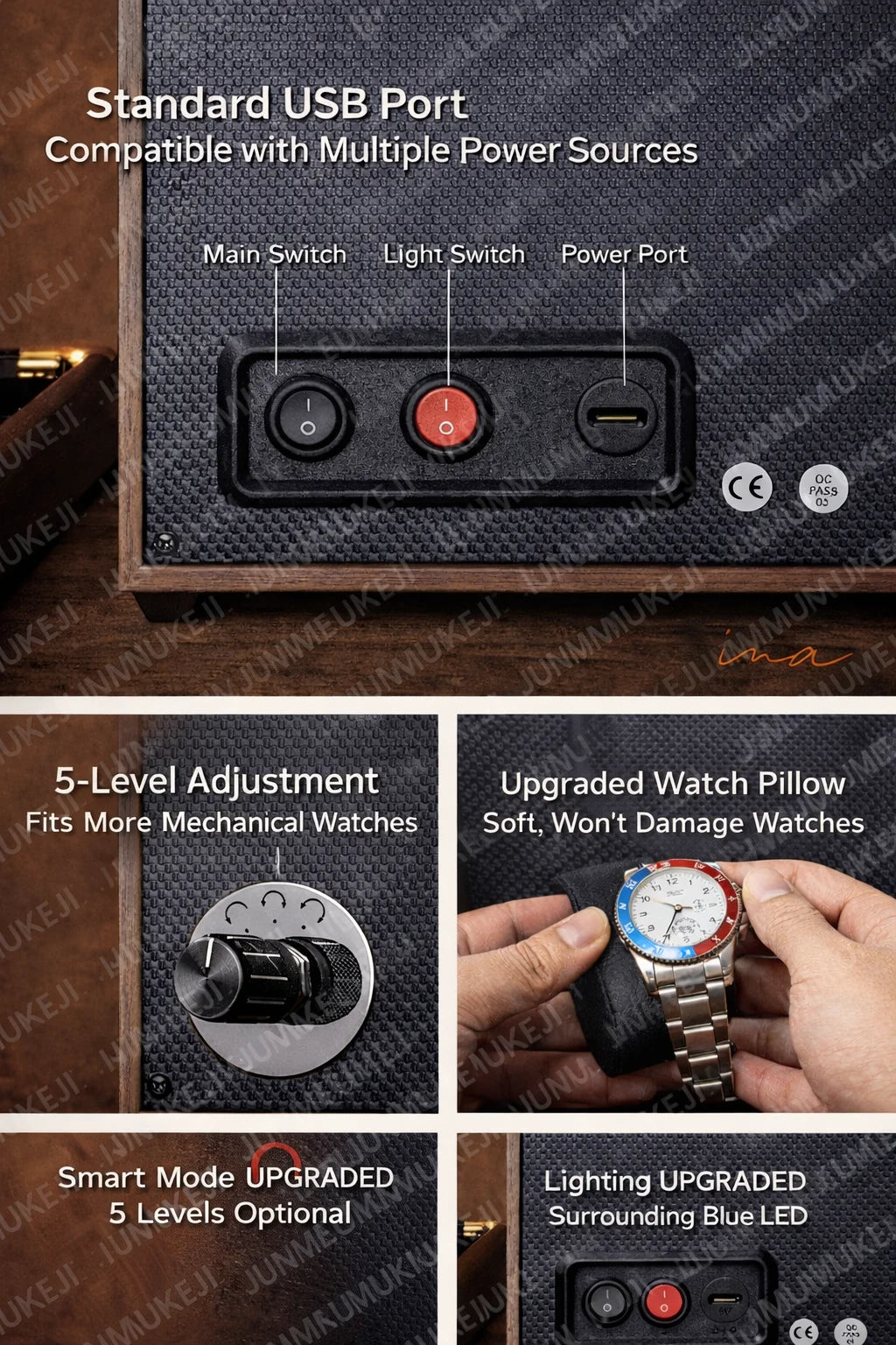 Watch Winders for Automatic Watches witn Light 1slots/2slots/4slots/6slots Watches Rotate Stand 5V-9V,1A-2A USB Cable Connection