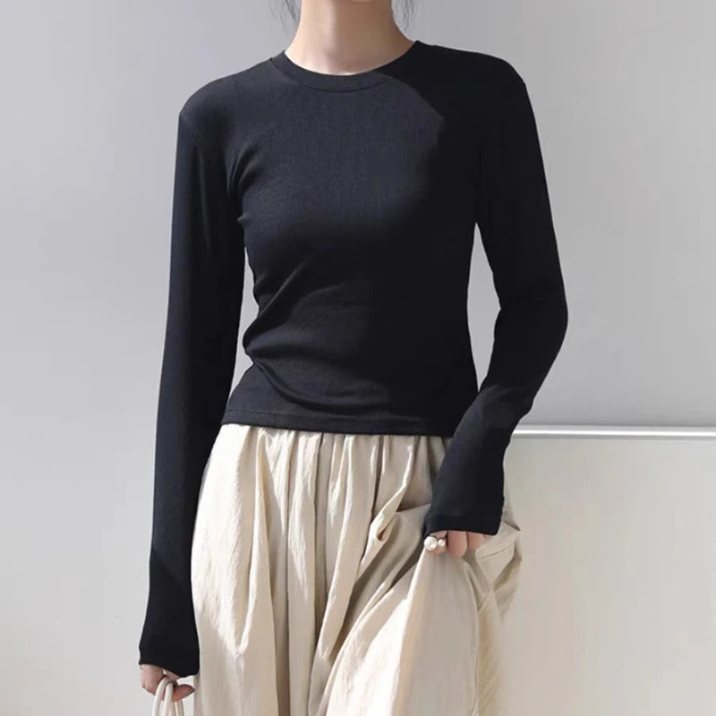 Cotton O Neck Long Sleeve Shirt Women Sexy Cropped Tops 2026 Autumn Black Casual Skinny Slim Basic Woman T Shirts White Clothing