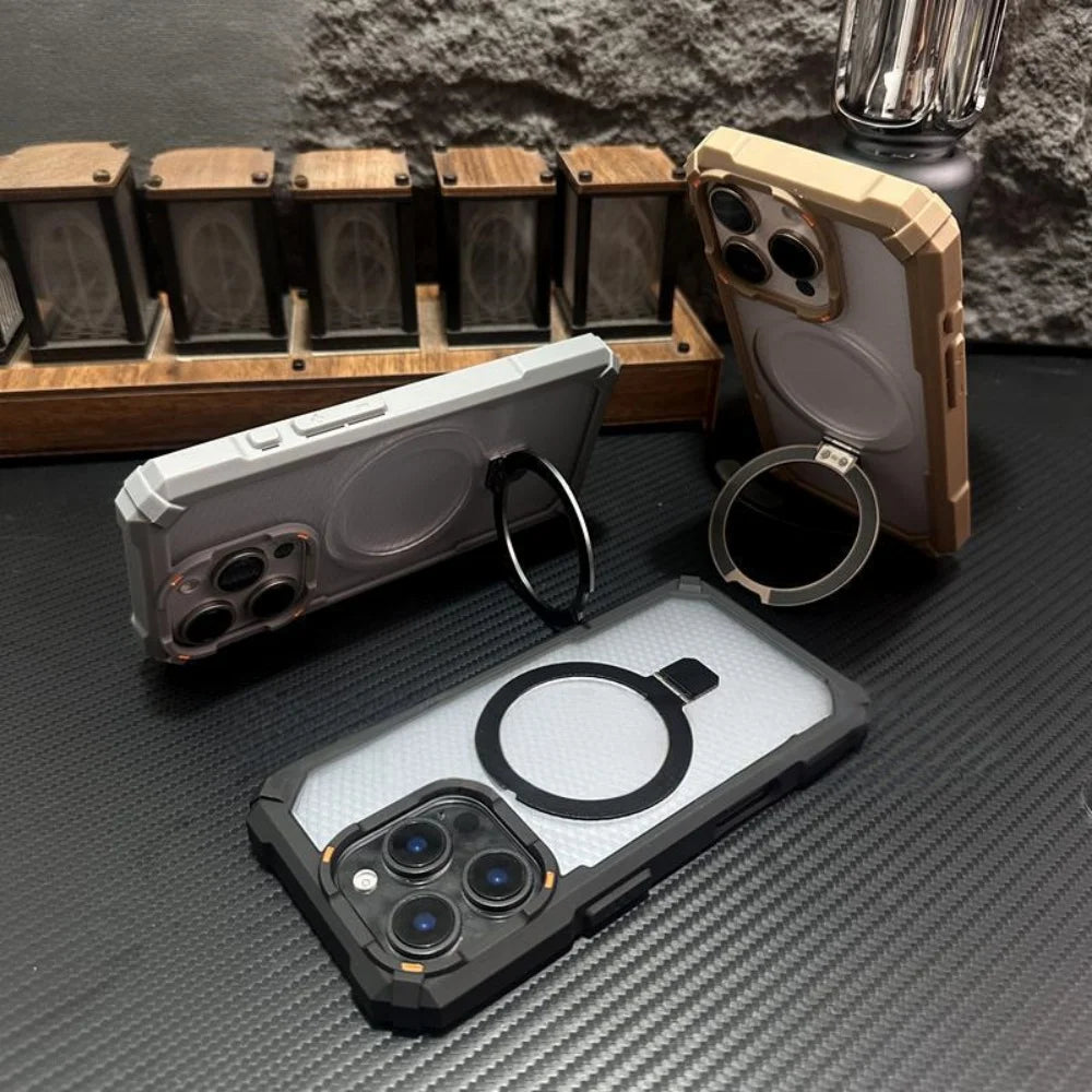 Rugged Shockproof Metal Magnetic Case For iPhone 17 Air 16 15 14 13 12 Pro Max Plus Holder With Camera Glass Ring Armor Cover