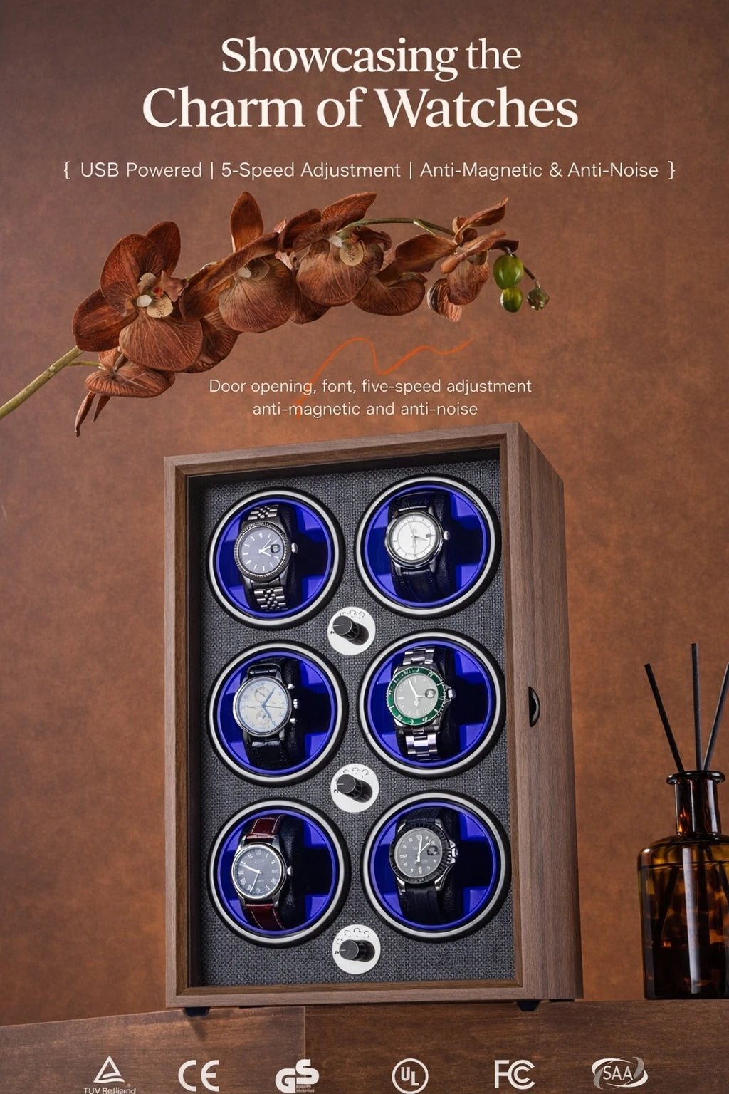 Watch Winders for Automatic Watches witn Light 1slots/2slots/4slots/6slots Watches Rotate Stand 5V-9V,1A-2A USB Cable Connection