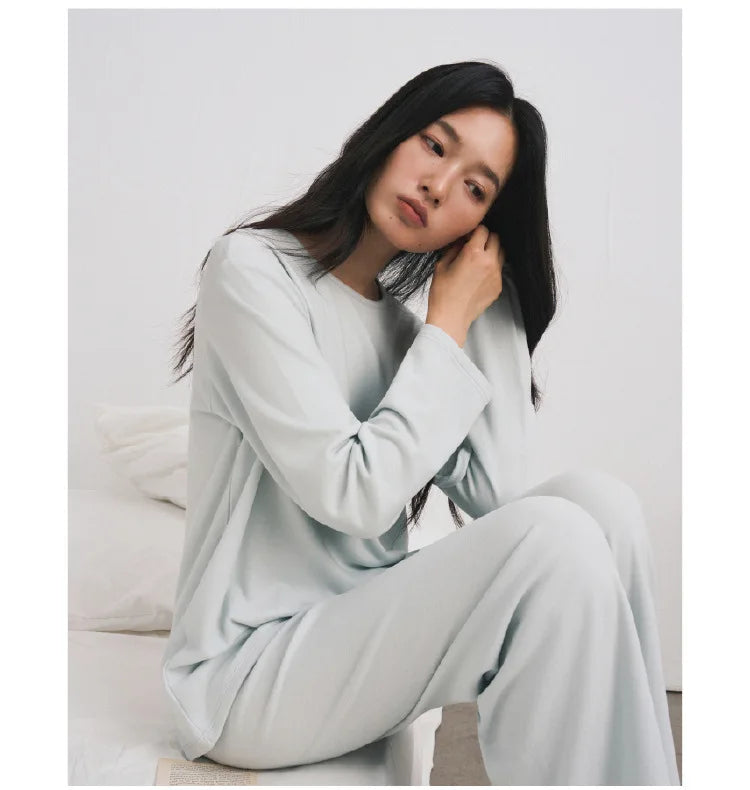 Autumn Winter Women Double-sided Brushed Pajamas T Shirt Pant Two Piece Set for home