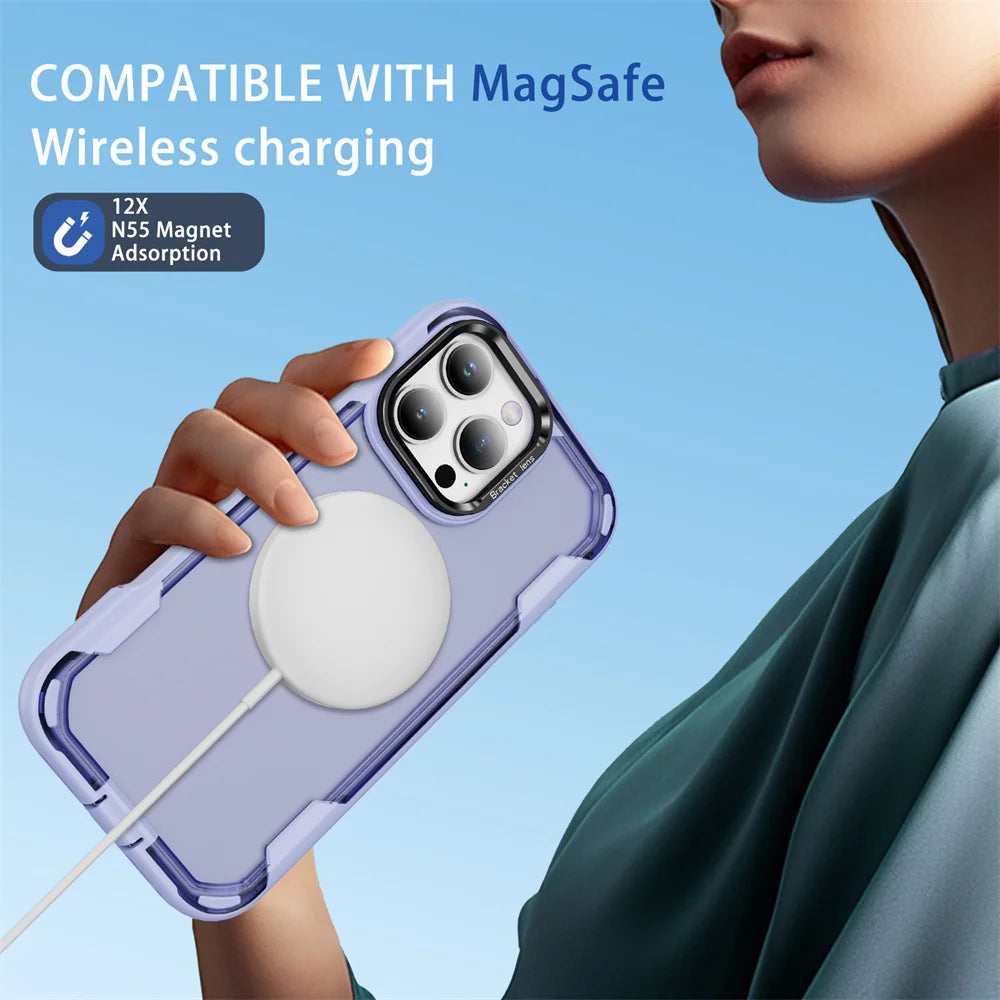 For Magsafe Dual Armor Bumper Lens Stand Phone Case For iPhone 17 16 15 14 Plus 13 12 Pro Max 11 Shockproof Protective Cover