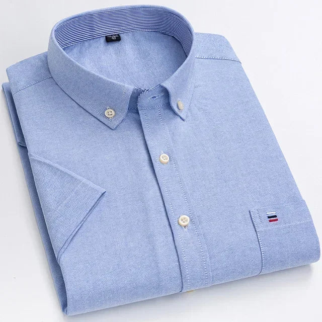 2026 100% Pure Cotton Men's Oxford Short Sleeve Square Collar Soild Plaid Striped Summer Casual Shirts Single Pocket  Shirt