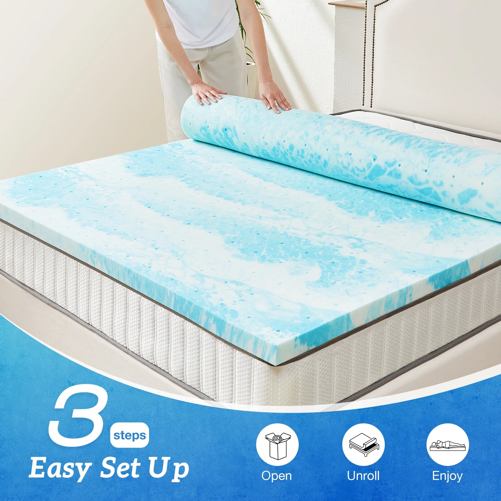 Colchón Topper de Espuma de Memoria Gel 2" – Refrescante y Transpirable