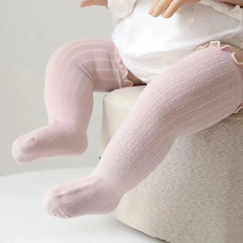 Baby Girls Lace Knee High Socks – 3 Pairs Frilly Ruffle Cotton Long Socks for Newborns & Infants