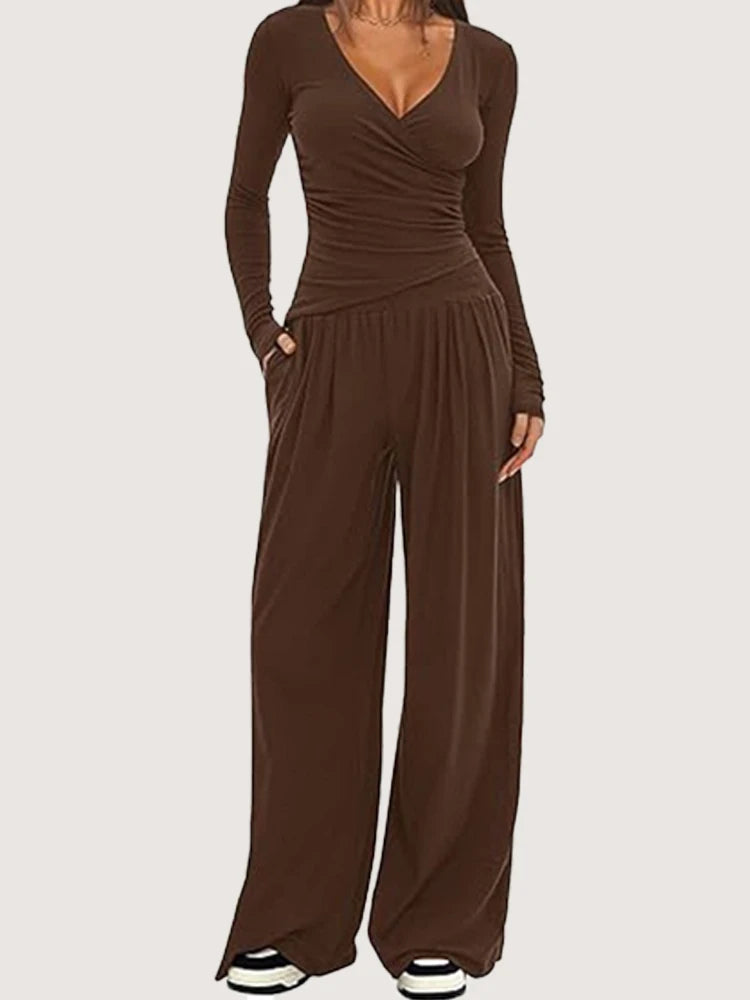 2025 autumn and winter wide leg pants set, women's long sleeved multi occasion sportswear, commuting hot selling item