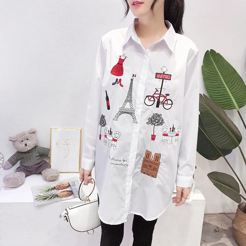Fashion loose women's cotton embroidered shirt spring and autumn long top 5083