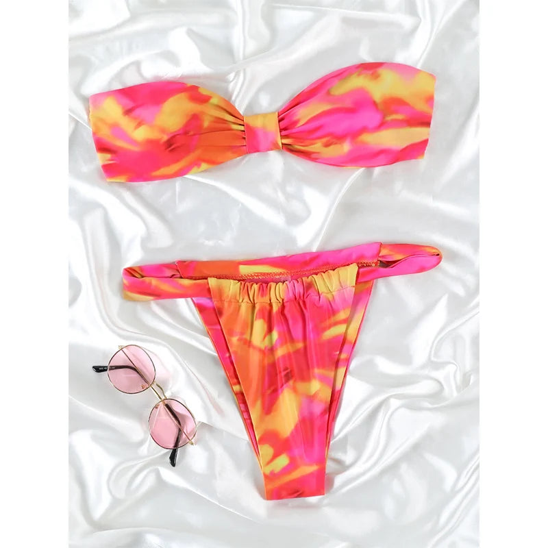Rinabe Women's Swimsuit Solid Biquinis Off Shoulder Bikinis Women Low Waist Swimwear Pleated Bathing Suit Female Bikini Sets