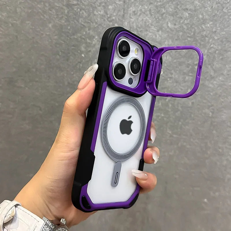 Armor Fold Lens Stand Protect For Magsafe Case For iPhone 16 13 12 14 15 Pro Max Plus Magnetic Wireless Charg Shockproof Cover