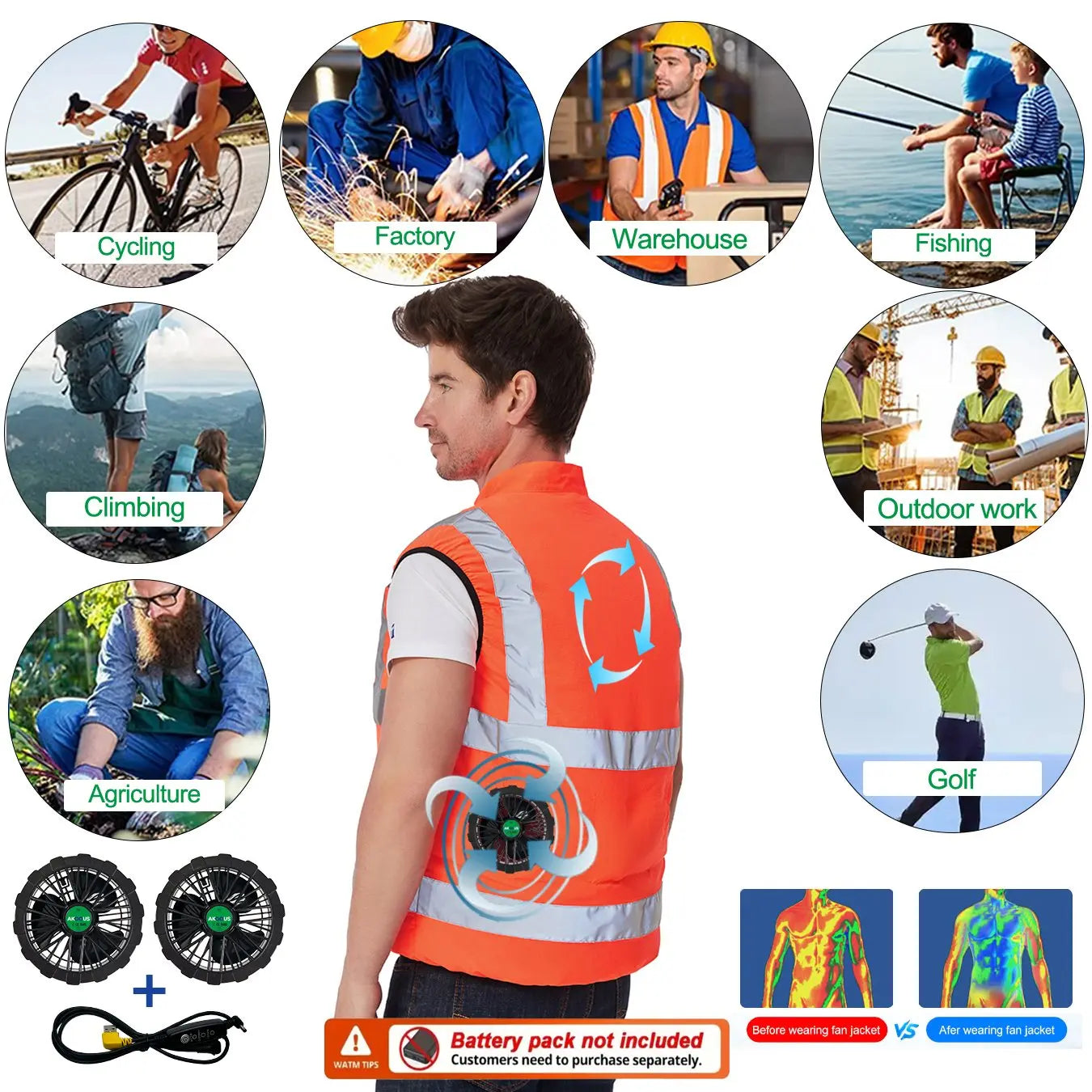 AKOOUS 6500 RPM 12V/5V USB 3-Fans Cooling Vest Air Conditioned Clothes Men Women Outdoor Work Fishing Body Cooling Jacket