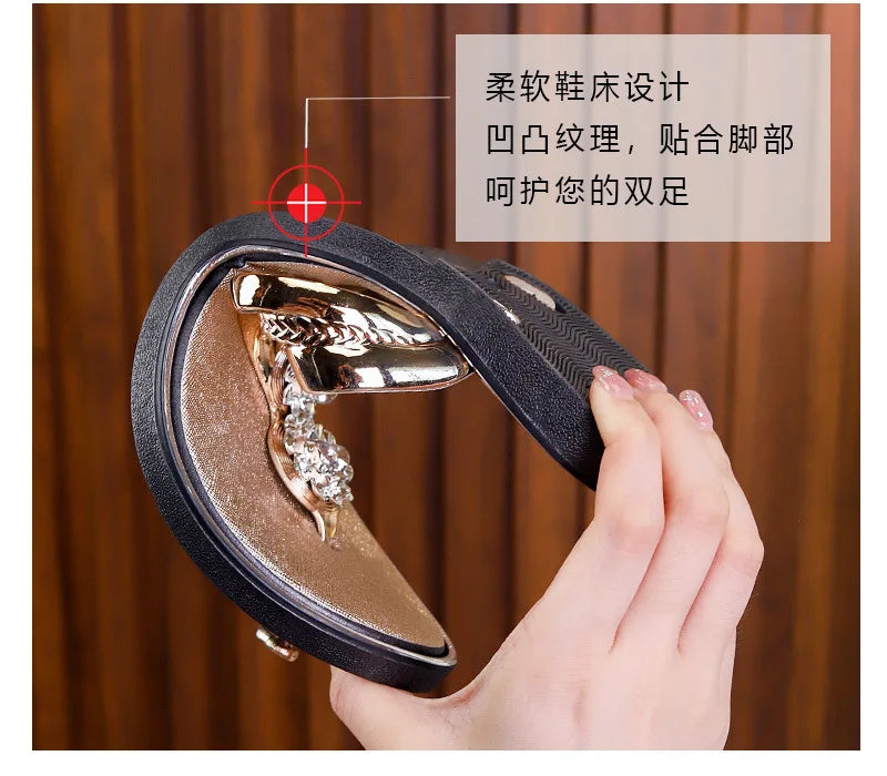 Flip Flops Women Slippers Rhinestone Floral Pattern Hollow Out Crystal Clip Toe Silver Beach Sandals Golden Strap Sandal