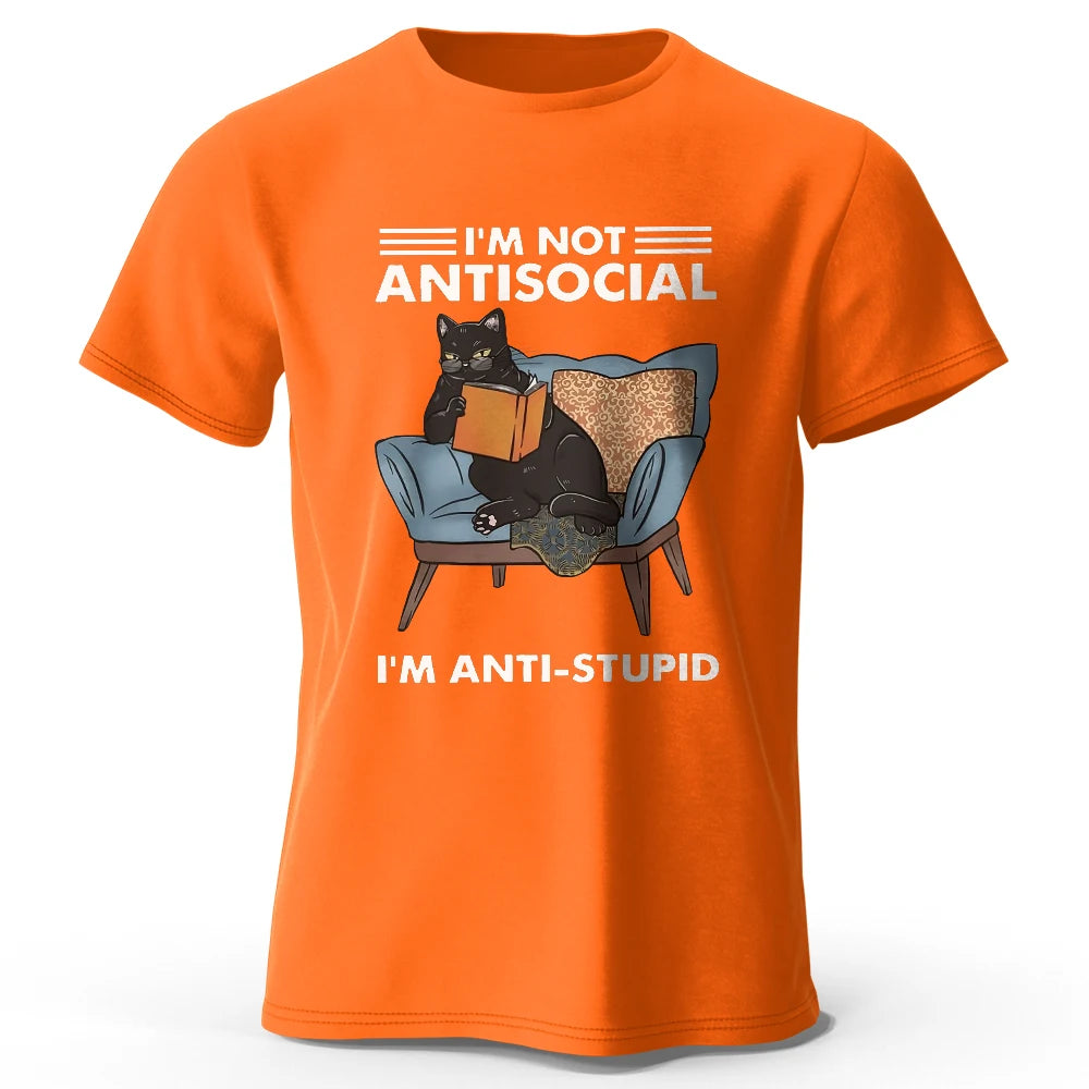 Men's I Am Not Anti Social Printed T-Shirt 100% Cotton Oversized Funny Cat Graphic Tees for Men Women Summer Tops