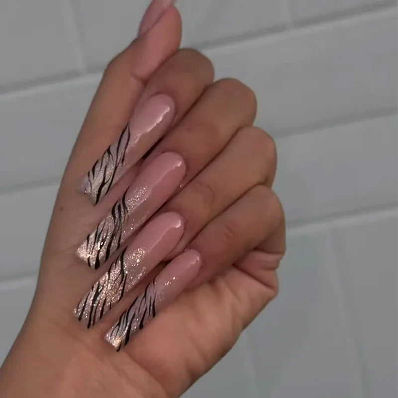 24Pcs Gold French Border False Nails Long Coffin False Nails with Rhinestones Ballerina Full Cover Nail Tips Press on Nails 2030