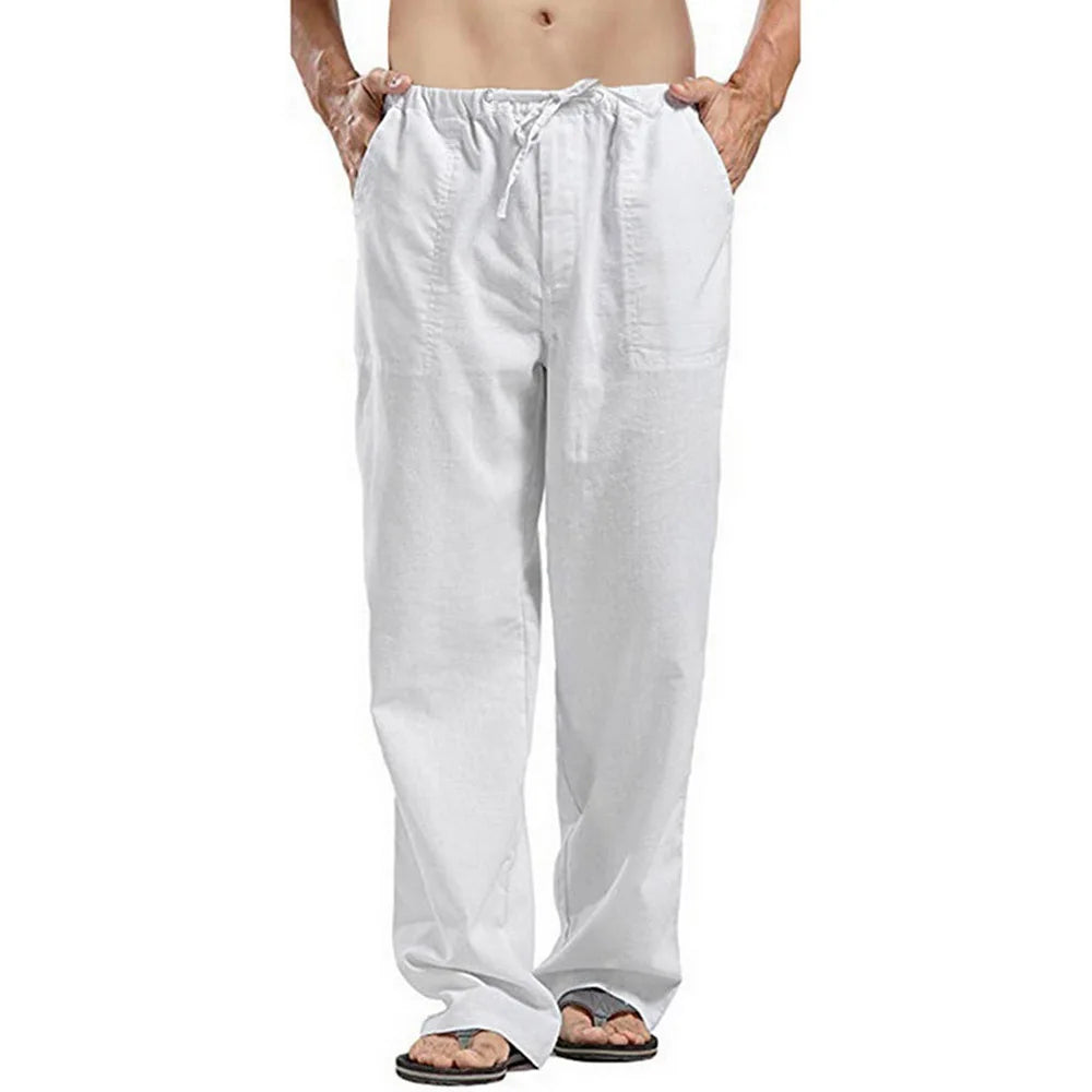 Men's Summer Loose Long Pants Elastic Waist Drawstring Leisure Resort Trousers Men Lightweight Breathable Straight Leg Pan