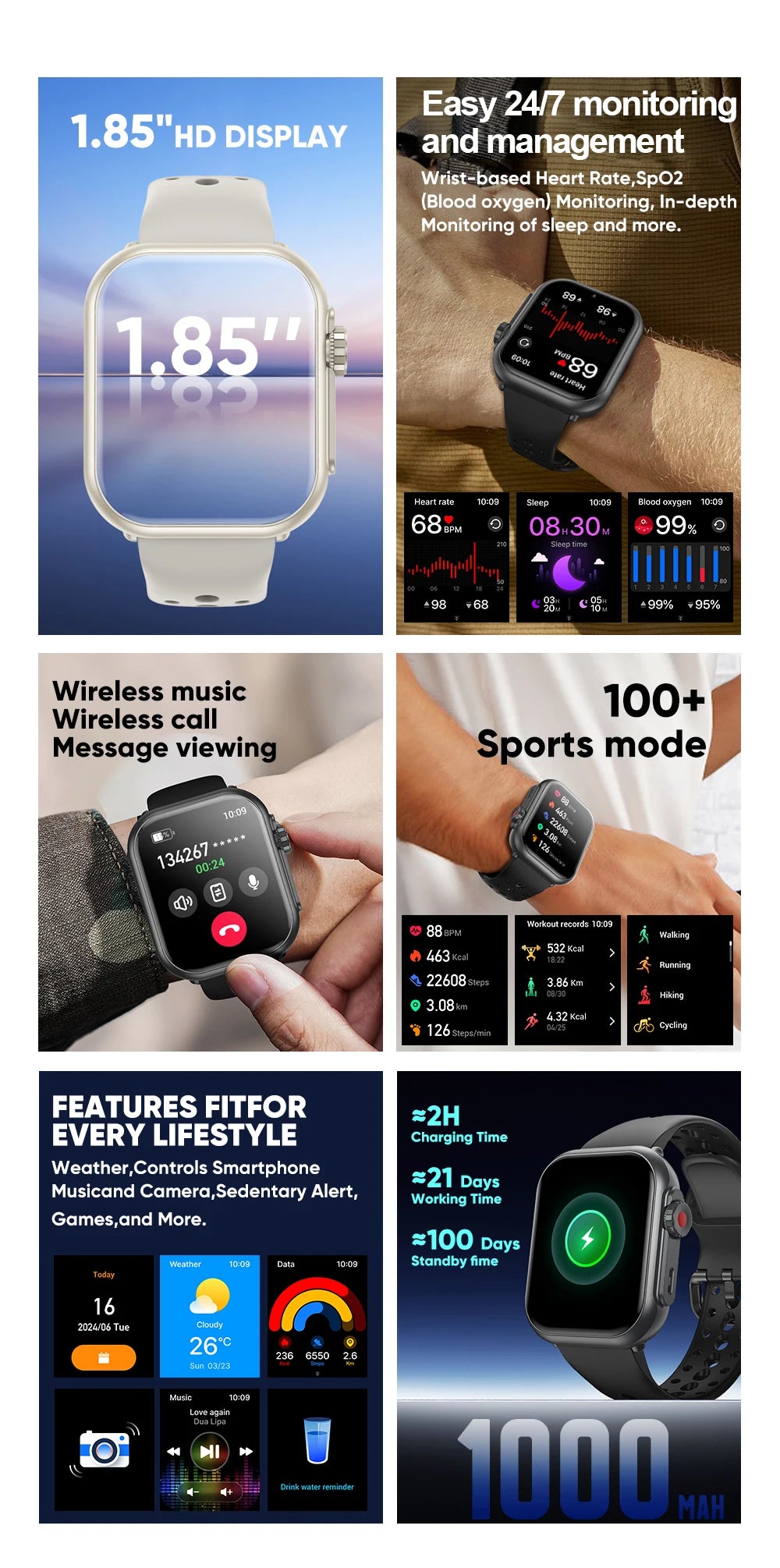 LIGE New 1000mAh Big Battery Smart Watch Full Touch Bluetooth Call Men's Watches 100+ Sports Mode Heart Rate Monitor Smartwatch