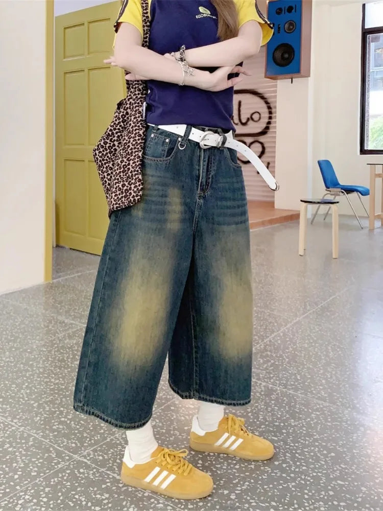 Retro Blue Wide Short Jeans Women Baggy Y2k Jorts Casual Vintage Streetwear Harajuku Korean Style Denim Shorts Basic Summer 2024