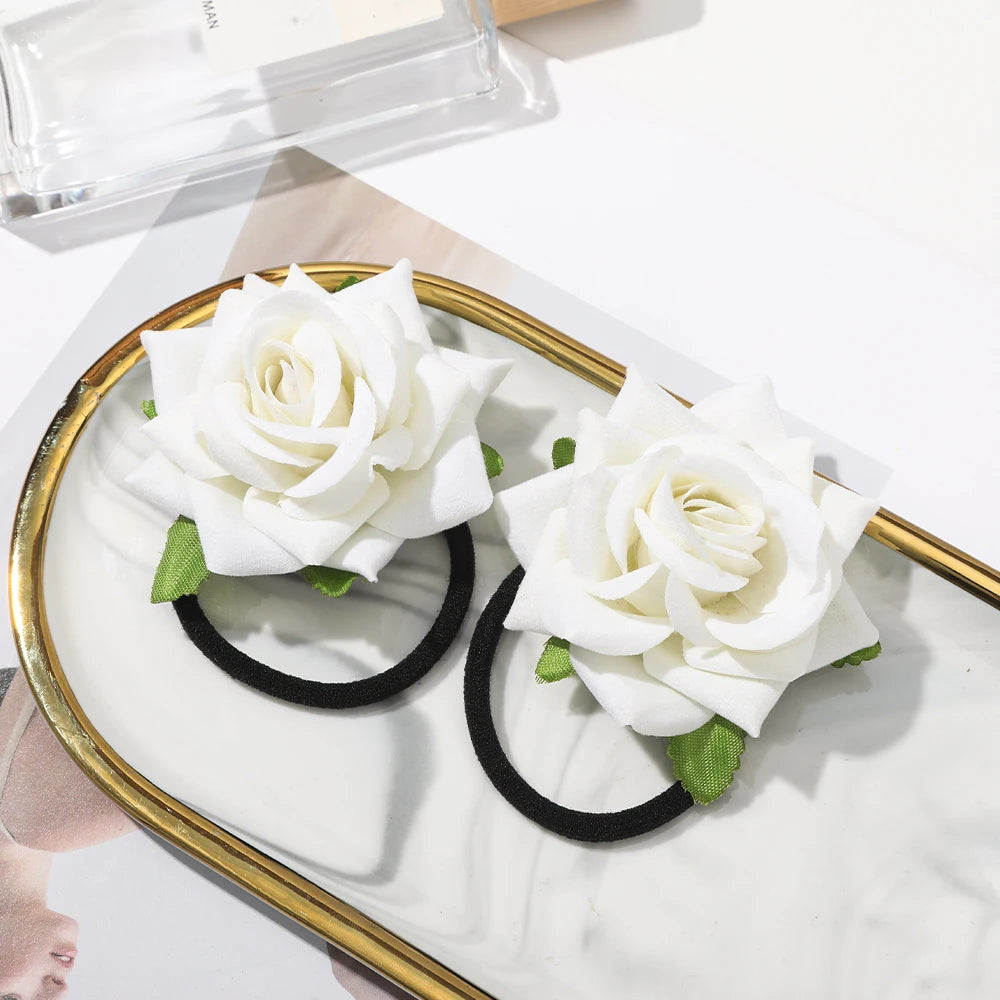 AWAYTR 2pcs New Girls Hair Rope Simulation Flower Cloth Elastic Hair Bands Rose Hair Ties Woman Hair Accesories Wholesale