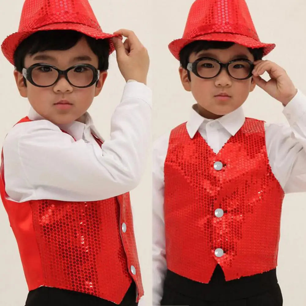 Children Shining Sequins Vest Boys Girls Christmas Stage Performance Costumes Kids Hip-hop Jazz Stage Dance Vest Waistcoat