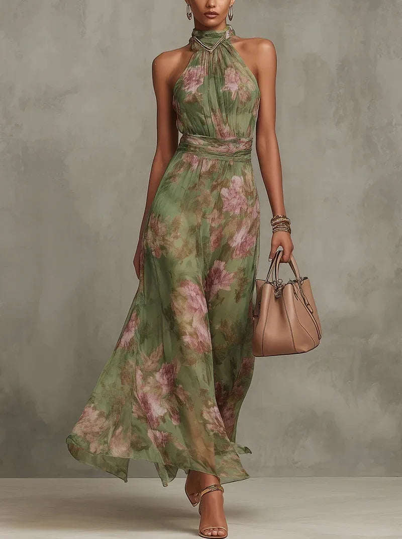 Elegant Ruched Mesh Maxi Dress – Printed Split Cami Style
