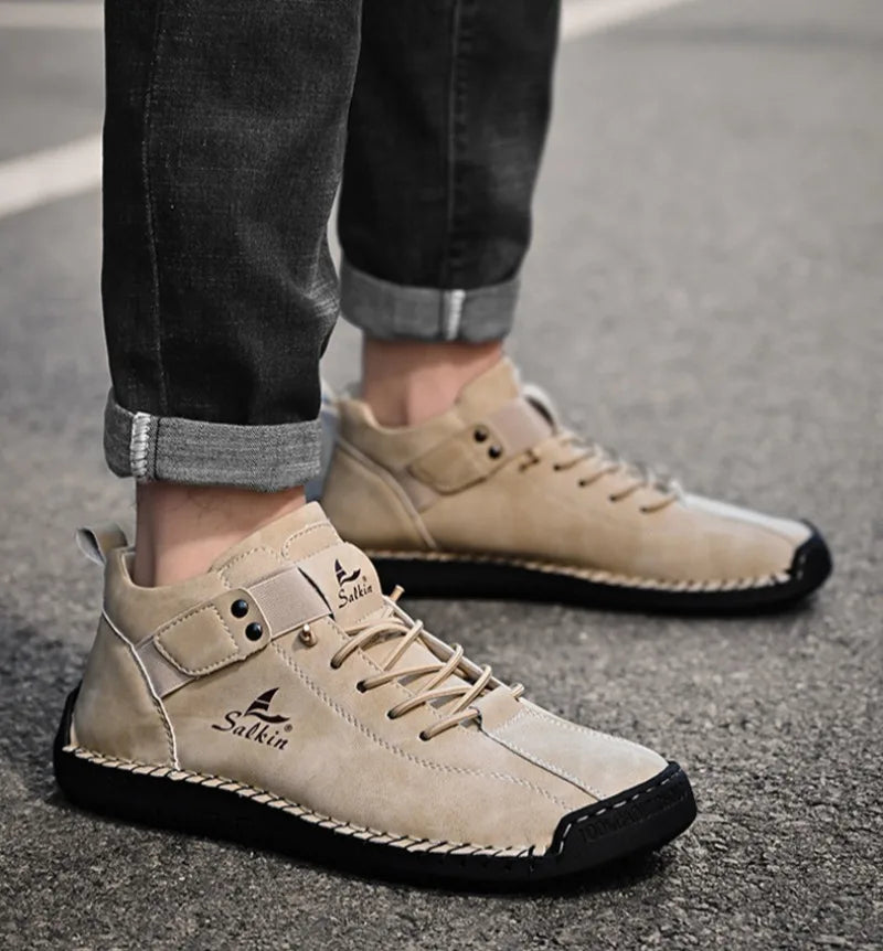 Winter New Men's Low-top Ankle Boots High Quality Hand-stitched Hook&loop Leather Casual Sneakers Classic Man Shoes Plus Size 48