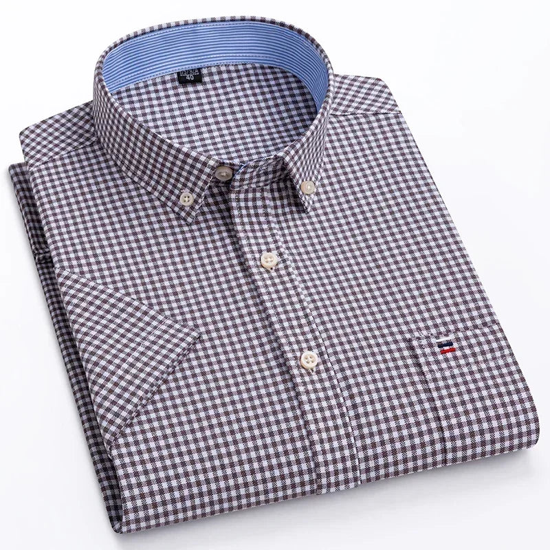 2026 100% Pure Cotton Men's Oxford Short Sleeve Square Collar Soild Plaid Striped Summer Casual Shirts Single Pocket  Shirt