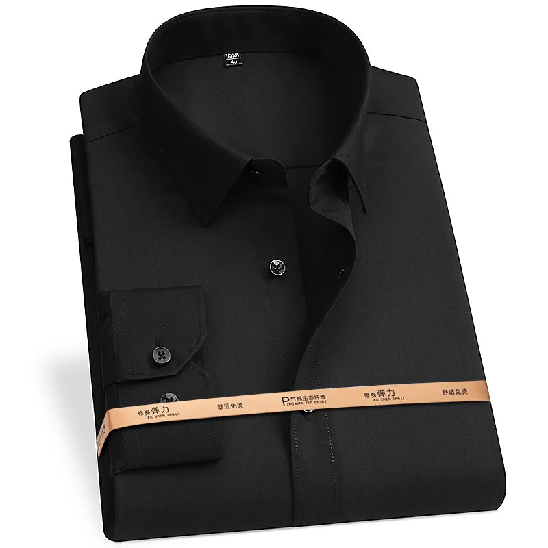 2025 New Bamboo Fiber Men's Long Sleeve Shirt Business Banquet Formal Social Comfortable Black Shirt Super Large 5XL 6XL 7XL 8XL