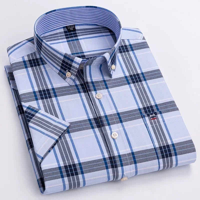 2026 100% Pure Cotton Men's Oxford Short Sleeve Square Collar Soild Plaid Striped Summer Casual Shirts Single Pocket  Shirt