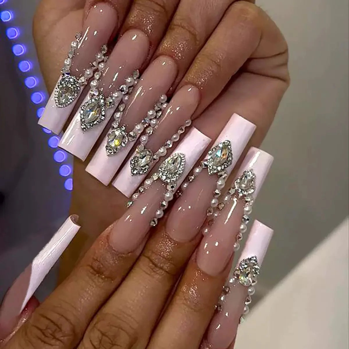 24Pcs Gold French Border False Nails Long Coffin False Nails with Rhinestones Ballerina Full Cover Nail Tips Press on Nails 2030
