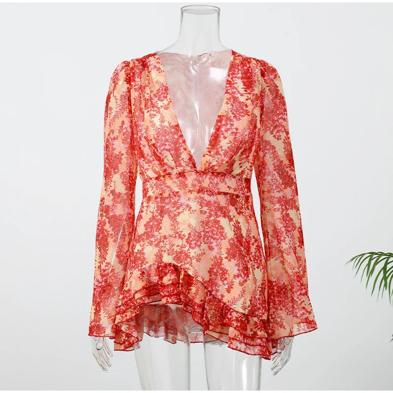 Sexy Floral Printed Mini Dress Women V-neck Flared Sleeve Waist Cinching Ruffle Bodycon Dresses 2026 Lady Party Vacation Gown