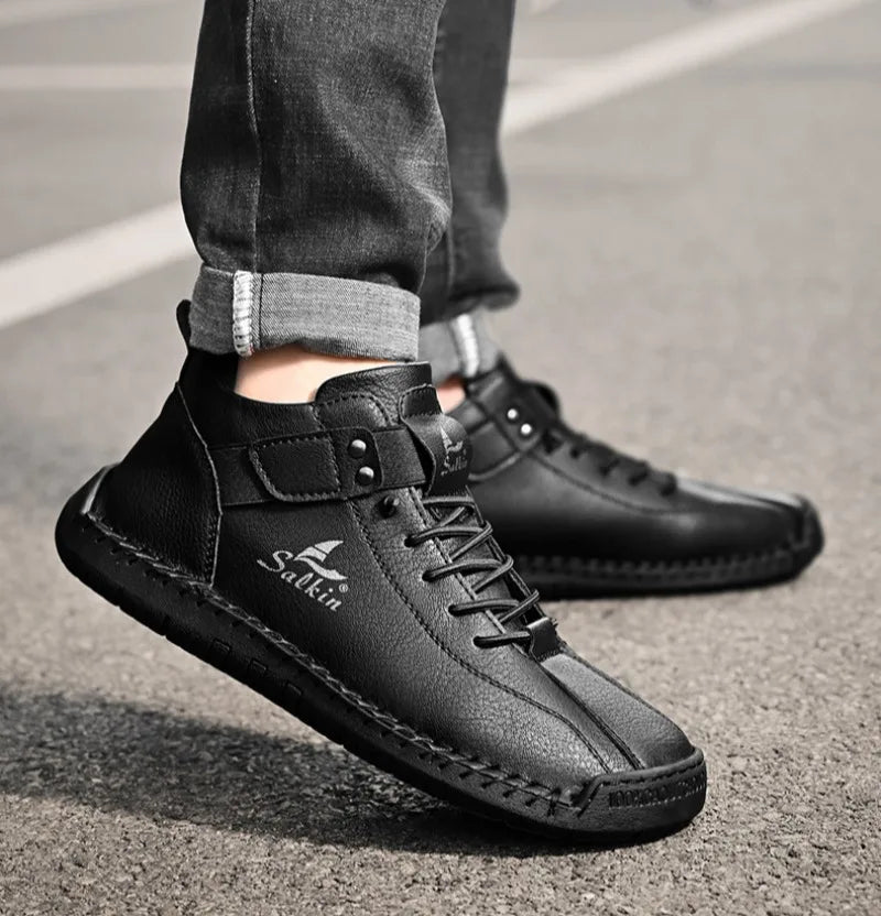 Winter New Men's Low-top Ankle Boots High Quality Hand-stitched Hook&loop Leather Casual Sneakers Classic Man Shoes Plus Size 48