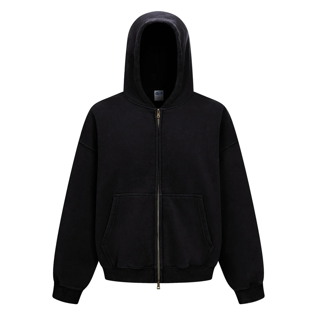 New Autumn and Winter Cashmere Zip Up Jacket Streetwear Casual Oversized Acid Washed Wax Printed Hooded Fleece Zipper Hoodie