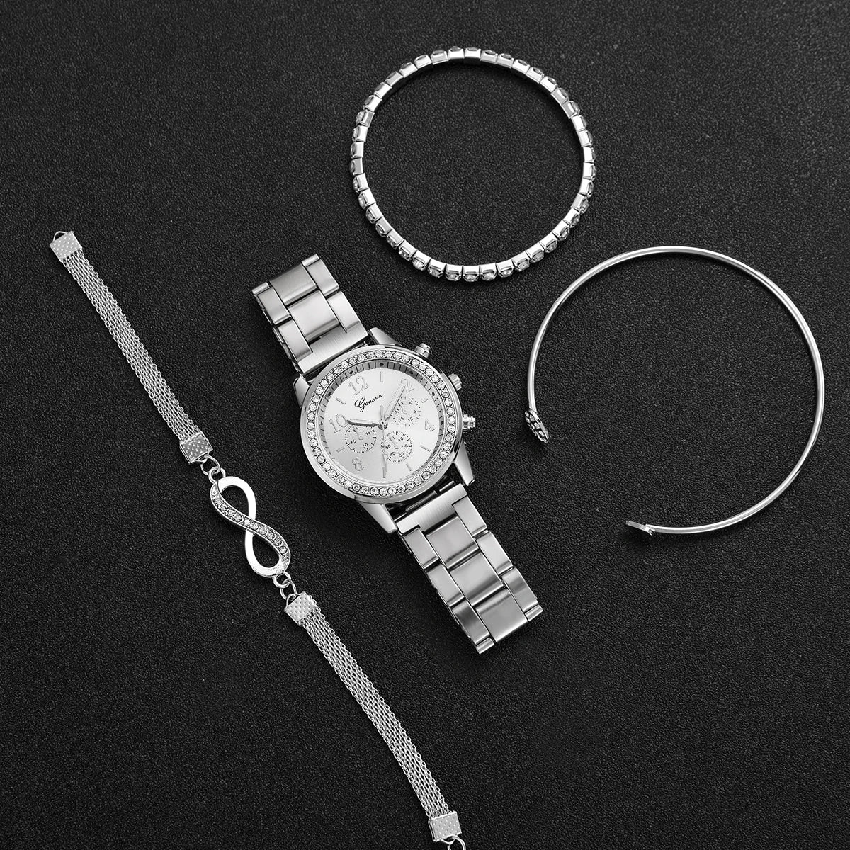 4PCS/Set Fashion Rhinestone Women's Watch Stainless Steel Band Analog Quartz Watches Bracelets Set（Without Box）