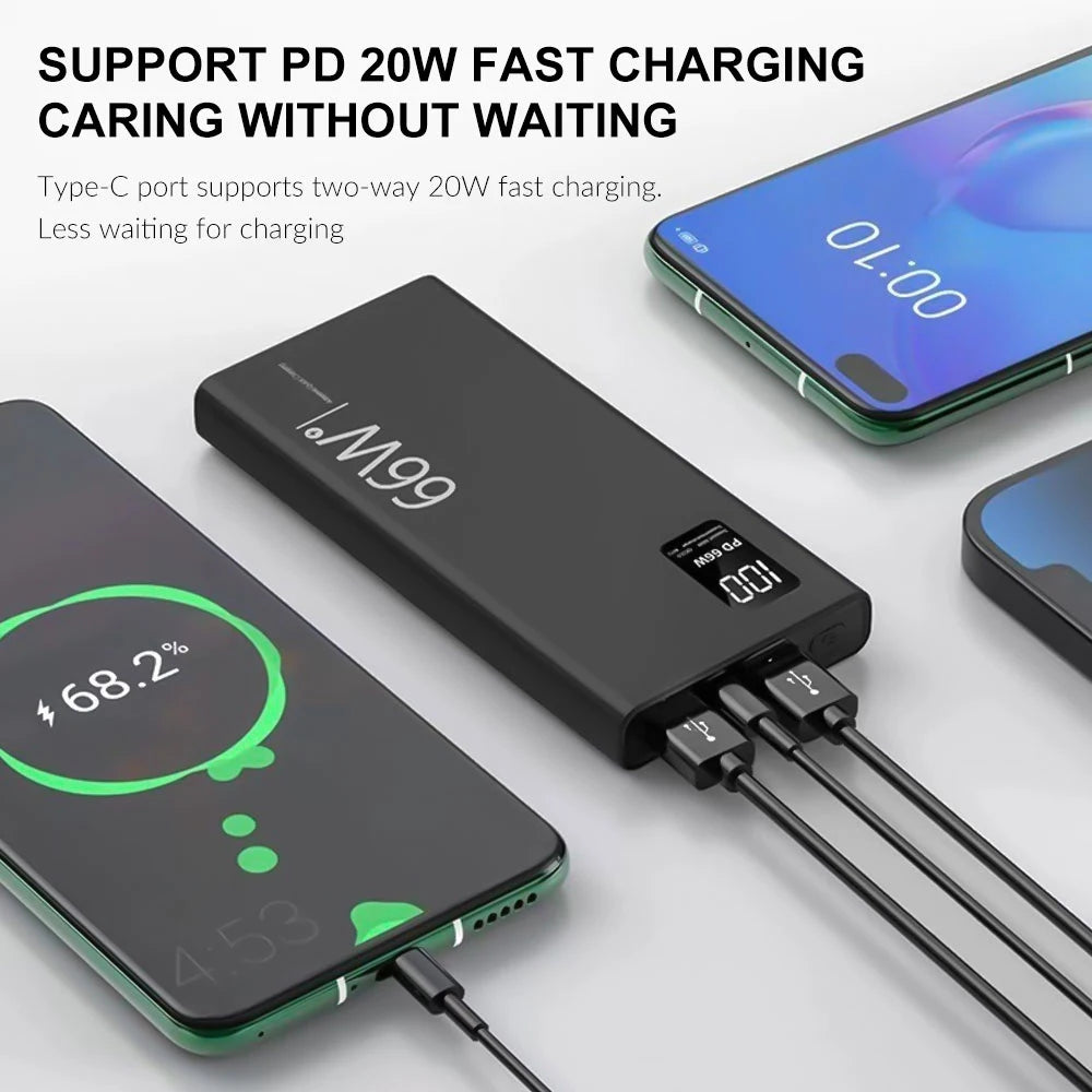 66W Super Fast Charging Power Bank 20000mAh Portable Li-Polymer Battery Dual USB PD 20W Fast Charger for Mobile Phone Black