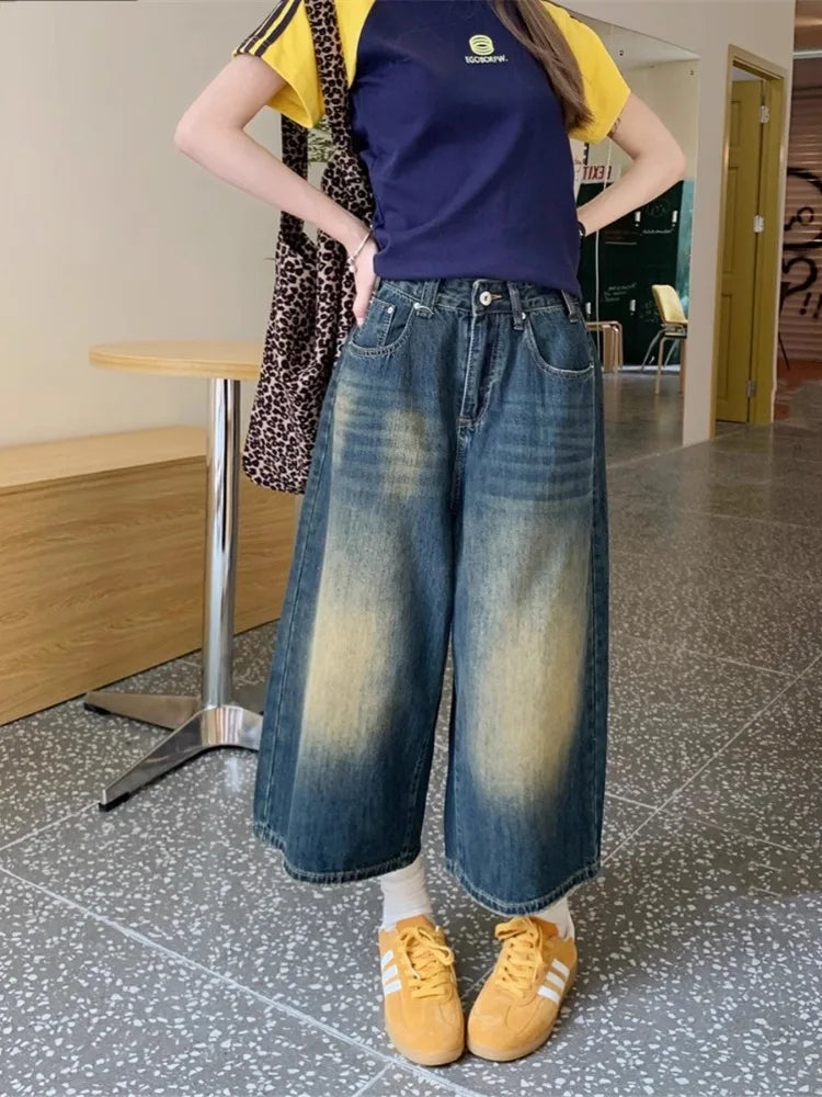 Retro Blue Wide Short Jeans Women Baggy Y2k Jorts Casual Vintage Streetwear Harajuku Korean Style Denim Shorts Basic Summer 2024