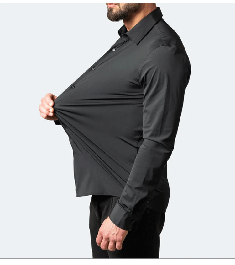 Plus Size 7XL 6XL High Elasticity Seamless Spandex Shirt Men Long Sleeve Slim Fit Casual Solid Color Social Formal Dress Shirts