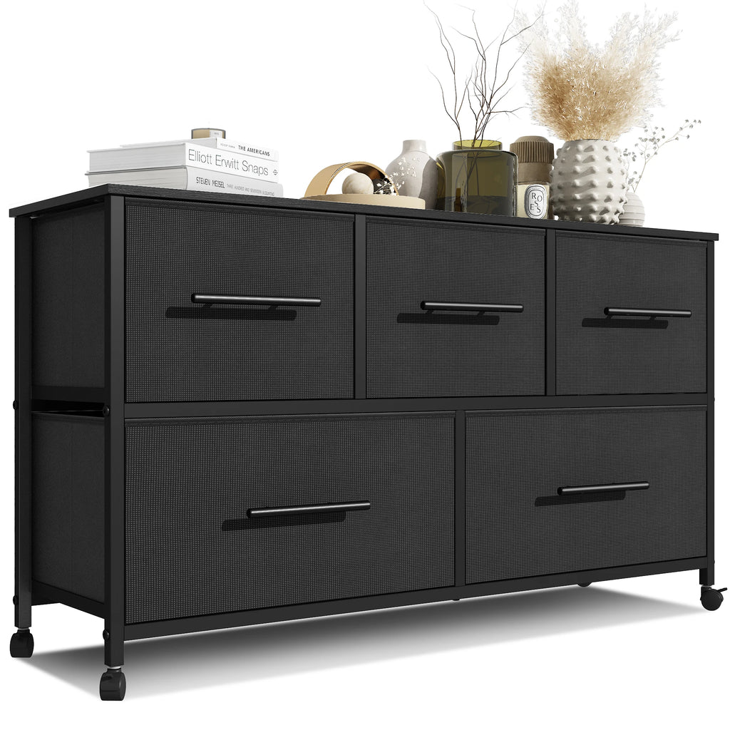Chest of Drawer Dresser for Bedroom with 5 Fabric Drawers TV Stand with 4 Castors Storage Organizer Unit for Living Room