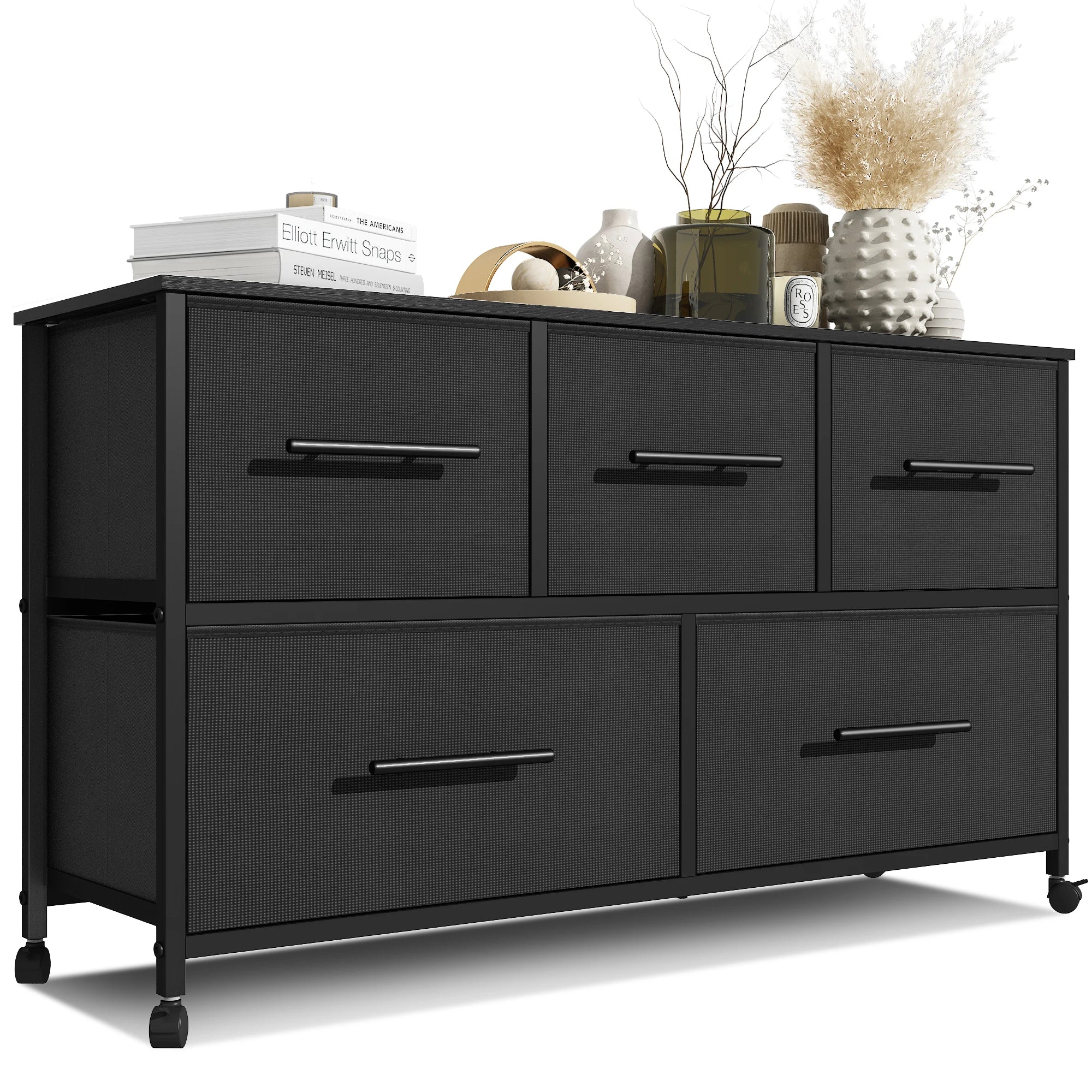 Chest of Drawer Dresser for Bedroom with 5 Fabric Drawers TV Stand with 4 Castors Storage Organizer Unit for Living Room